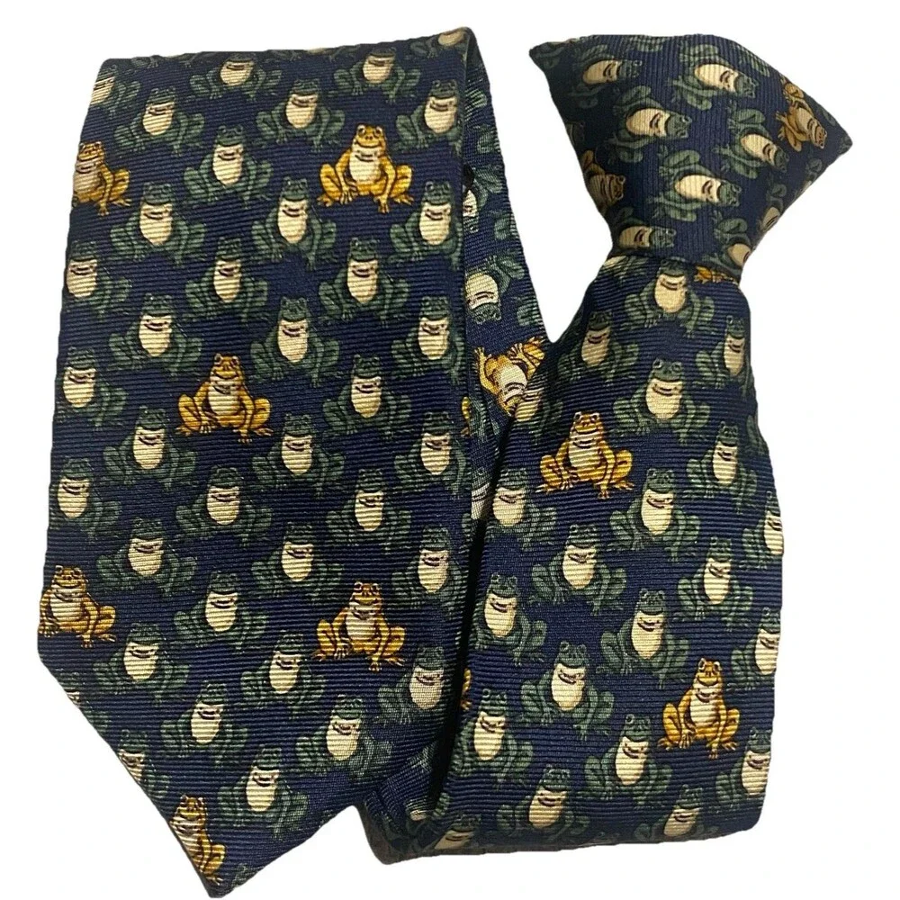 Clip On Boy's Silk Neck Tie Navy Frogs Green Gold Prince Frog Easter Outfit